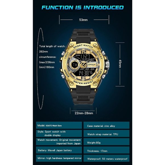 KXAITO Men's Black and Golden LED Alarm Stopwatch Waterproof Military Watch - Picture 5 of 6